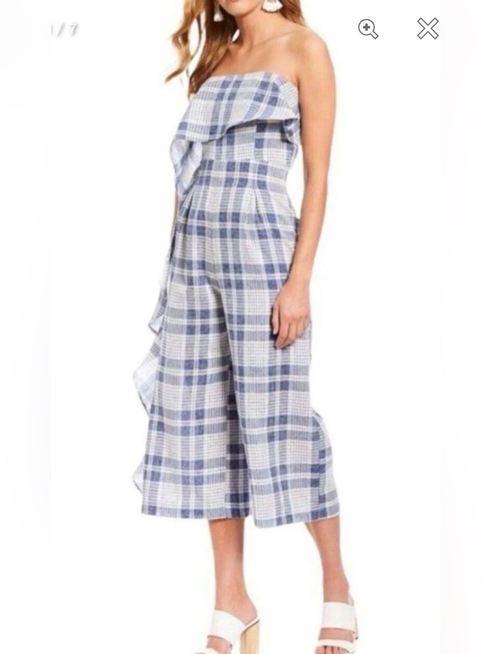 Endless Rose Strapless Plaid Wide-Leg Cropped Jumpsuit in Blue and White